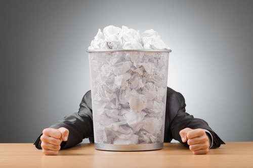The image depicts a person in a black suit sitting behind a wooden table, with their arms resting on the surface. Instead of a head, there is a metallic, cylindrical wastebasket filled with crumpled white and beige paper, creating the illusion of a head. The wastebasket has a fine mesh design, and the crumpled paper inside appears to be used office or household waste. The background is plain and neutral, with a light grey gradient that highlights the central figure. The overall scene uses a minimalistic style to visually communicate the concept of rubbish or waste disposal, aligning subtly with services related to rubbish removal, such as those provided by Garden Clearance Neasden for garden or household clearance tasks. The image employs neutral lighting to emphasize the contrast between the person’s dark clothing and the light paper and wastebasket, creating a clean, professional visual that underscores waste management themes relevant to the local area near Neasden.